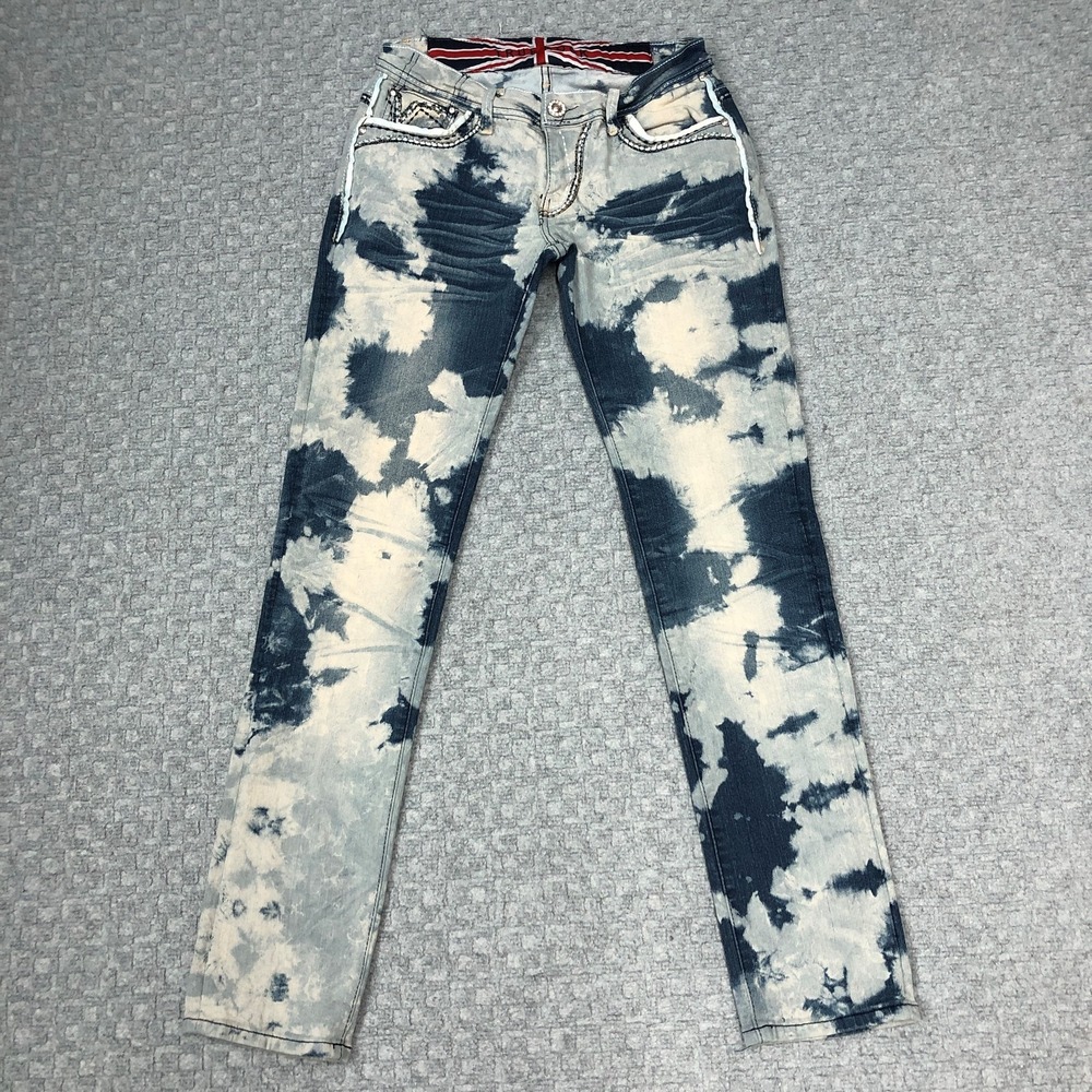 True Rock Jeans Womens 9/10 W27 Rhinestone Embellished Pockets Stretch Tie Dye